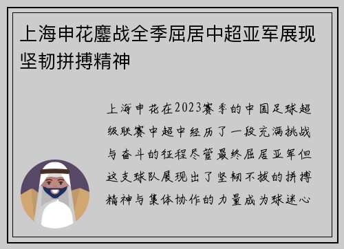 上海申花鏖战全季屈居中超亚军展现坚韧拼搏精神 上海申花鏖战全季屈居中超亚军展现坚韧拼搏精神