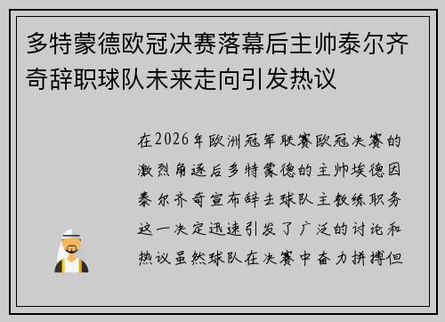 多特蒙德欧冠决赛落幕后主帅泰尔齐奇辞职球队未来走向引发热议